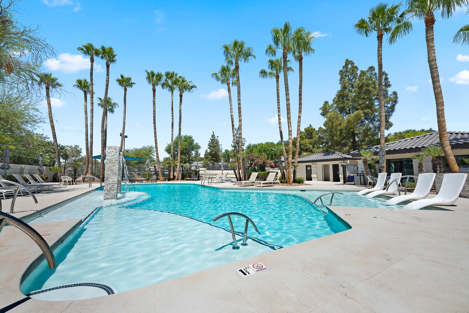 Outdoor pool with palms trees and lounge chairs