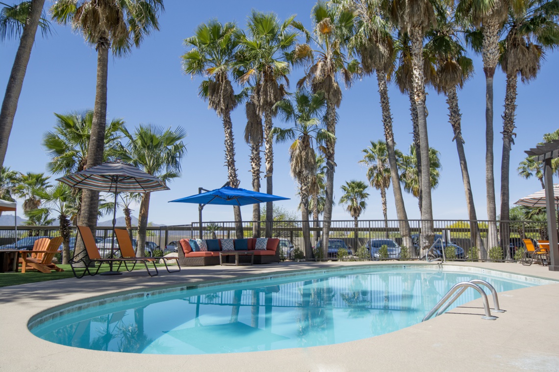 Outdoor pool surrounded by palm trees, lounge chairs, and shade umbrellas