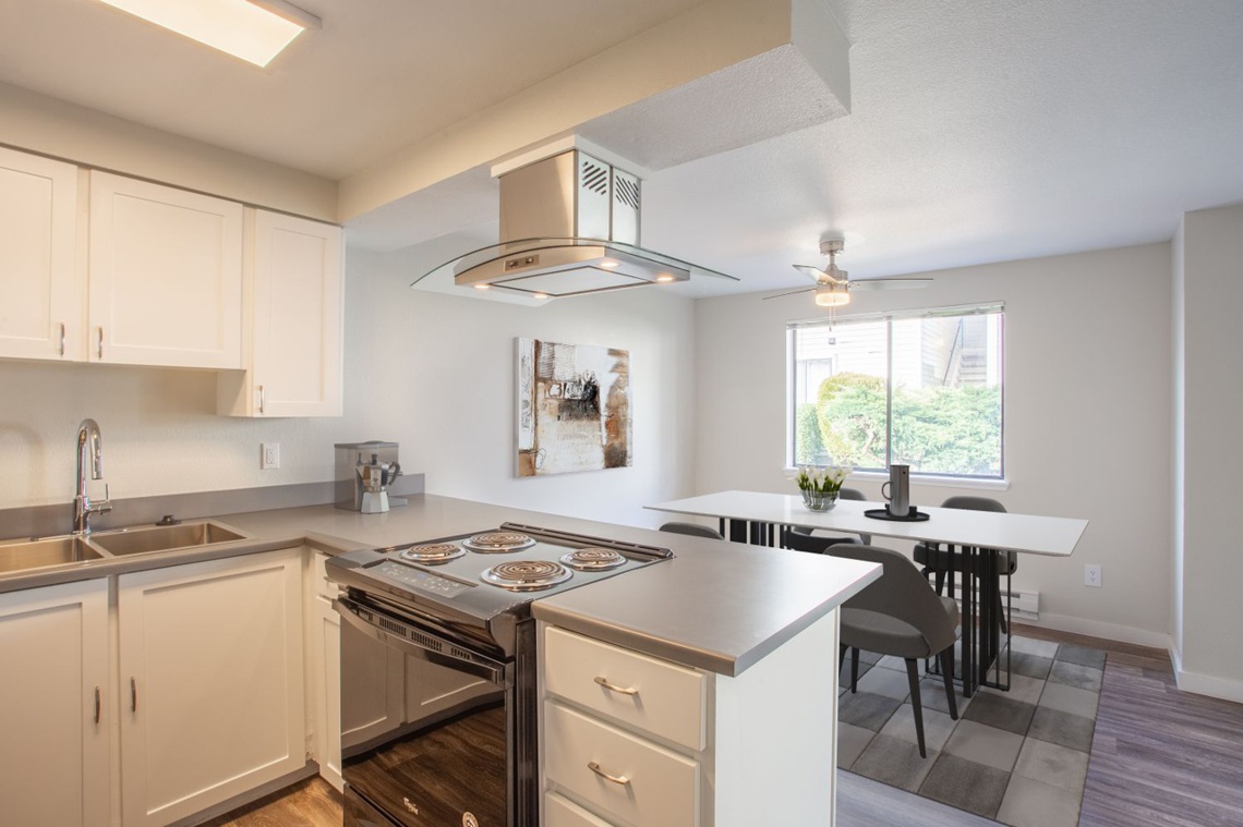 Kitchen counter with stove, looking into the dining area